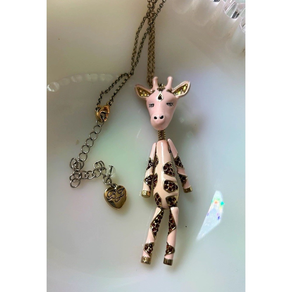 Vintage Dancing Giraffe Charm Pendant Necklace Enamel Rhinestone 17in Adjustable